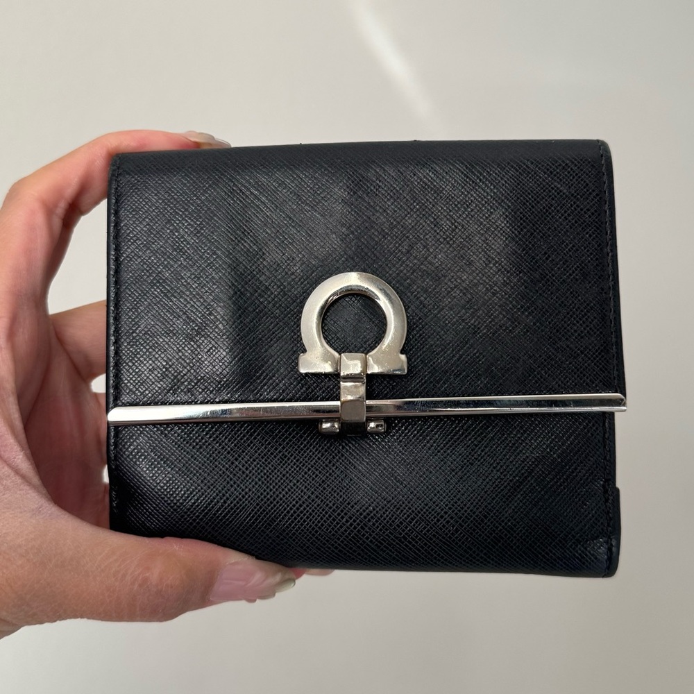 Salvatore Ferragamo Black Saffiano Leather Compact Bifold Wallet